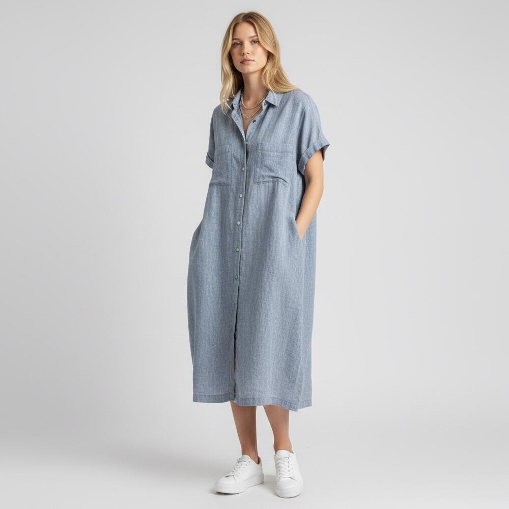 J. Jill Love Linen Collection Short Sleeve Shirt Dress Womens Sz L Blue Casual